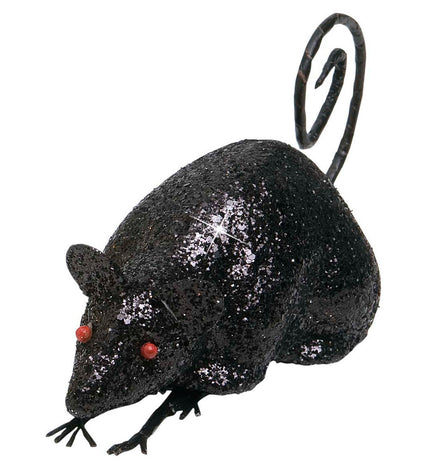 Glitter muis zwart met rode oogjes, kleine oortjes en een opgekrulde staart als halloweendecoratie