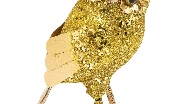 Glitter uil goud 18,5cm met geplooide oogranden, spitse oorpluimen en klauwpootjes als tafeldecoratie