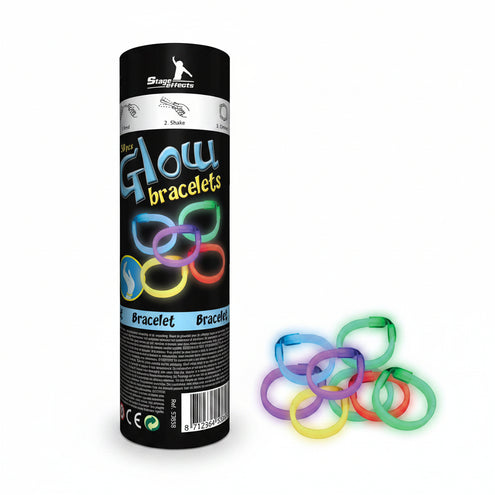 Glow in the dark armbandjes meerkleurig, koker met 30 stuks en opgelichte ringen in blauw, groen, paars, geel en rood