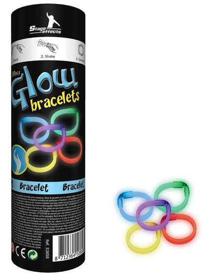 Glow in the dark armbandjes meerkleurig, koker met 30 stuks en opgelichte ringen in blauw, groen, paars, geel en rood