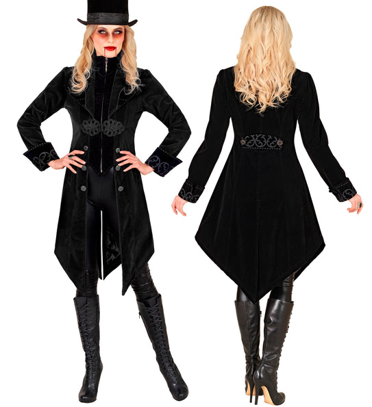Gothic jas dame Vera van voor en achter, met taillegespband op de rug en vampierschmink