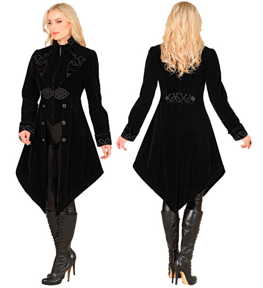 Gothic jas dame Vera gesloten met rits in de opstaande kraag en zilverkleurige sierknopen