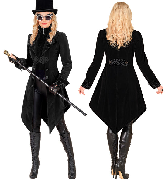 Gothic jas dame Vera getailleerd model met omslagmanchetten en lange puntige panden achter