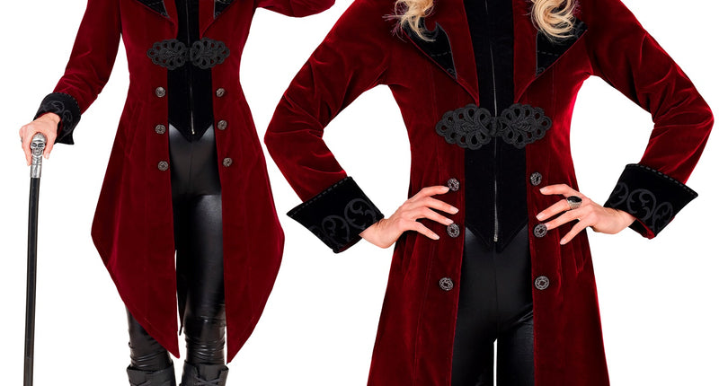 Gothic jas dames bordeauxrood fluweel met zwarte revers en siersluiting, voor Halloween