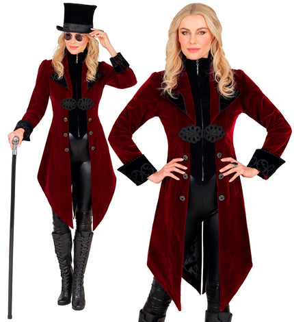 Gothic jas dames bordeauxrood fluweel met zwarte revers en siersluiting, voor Halloween