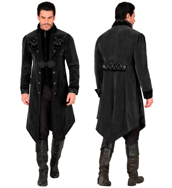 Gothic jas heren Julia zonder accessoires, zwart fluweel met asymmetrisch aflopende zoom
