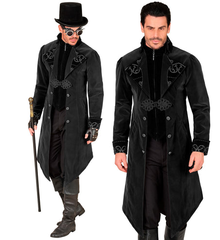 Gothic jas heren Julia in zwart fluweel met puntige pandenzoom en sierknopen, voor Halloween