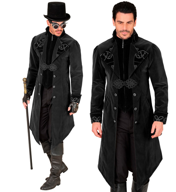 Gothic jas heren Julia in zwart fluweel met puntige pandenzoom en sierknopen, voor Halloween