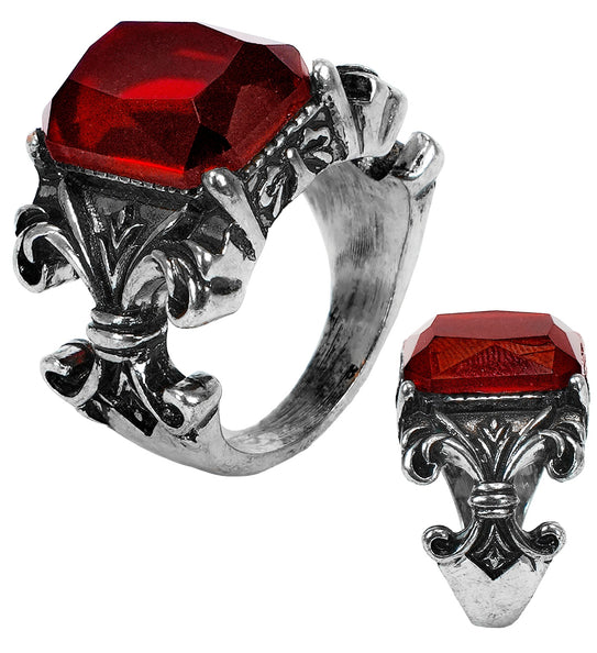 Gothic vampierring met grote rode facetgeslepen steen en zilverkleurige lelie-ornamenten