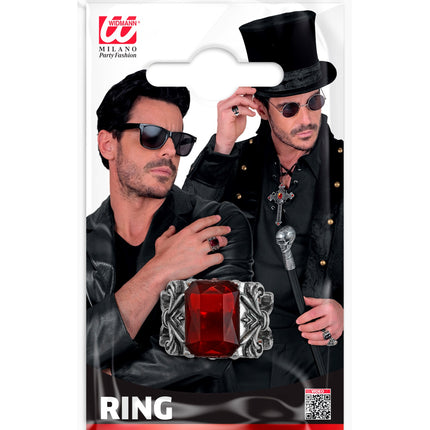 Gothic vampierring rood voor heren in verpakking met zilverkleurige ringkop