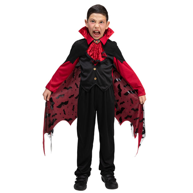 Gotisch vampieren pak kinderen in zwart met rood, cape met vleermuisprint en puntige zoom voor Halloween