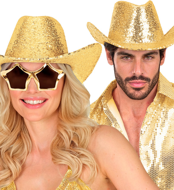 Gouden cowboyhoed gedragen door dame en heer op een discofeest
