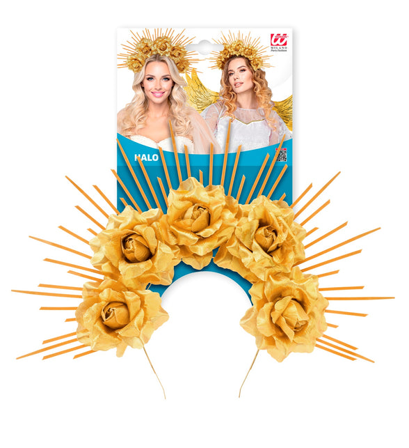 Gouden halo met rozen voor dames op verkoopkaart van Widmann met stralenkrans