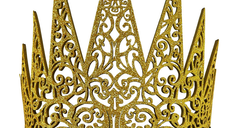 Gouden kroon met opengewerkt krullenmotief en negen glitterpunten, vooraanzicht