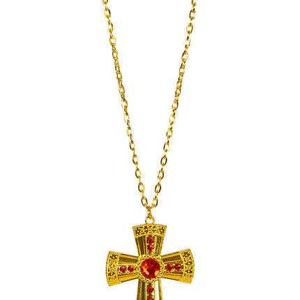 Gouden kruisketting met rij rode steentjes, hele lengte van de fijne schakelketting zichtbaar