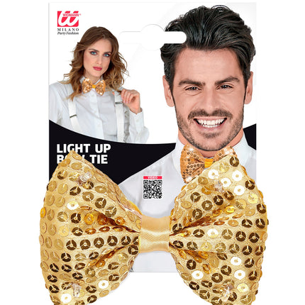 Gouden pailletten vlinderdas met ledlicht in verpakking, gedragen door man en vrouw