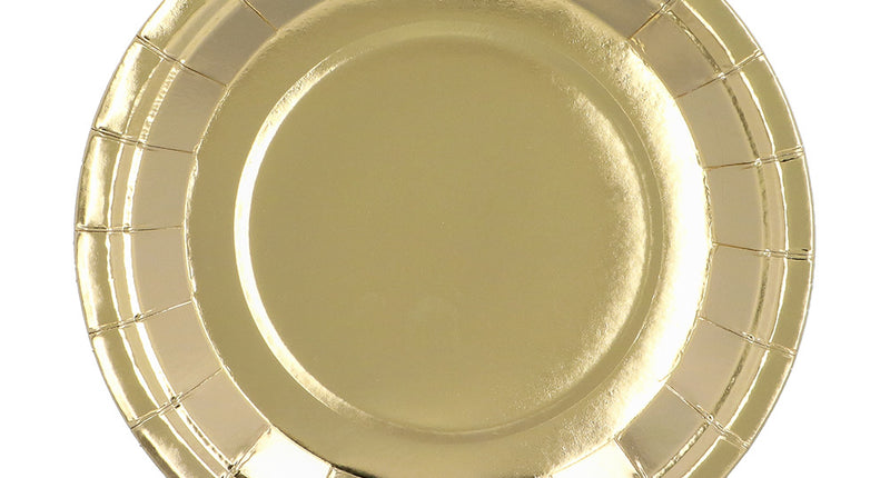 Gouden papieren bordje van bovenaf met spiegelend midden en geplooide rand, uit een set van 6