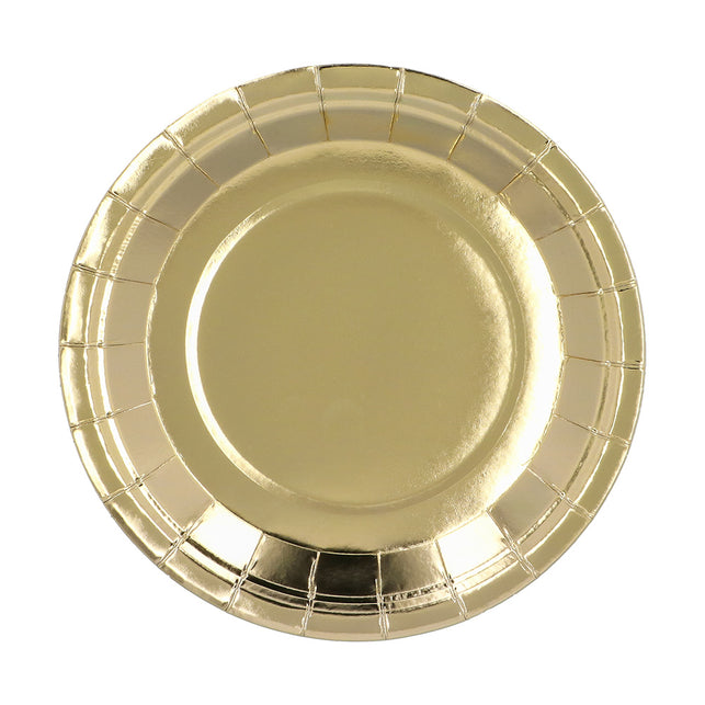 Gouden papieren bordje van bovenaf met spiegelend midden en geplooide rand, uit een set van 6