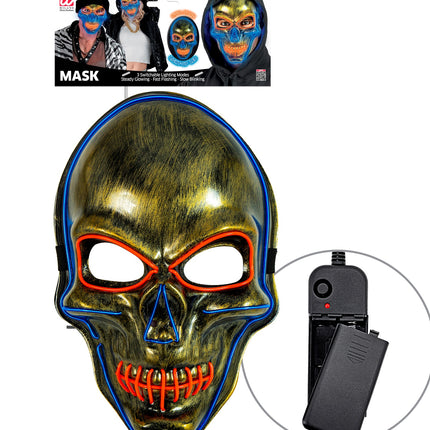 Gouden schedel masker met ledlicht in verpakking, met batterijkastje en aan-uitknop