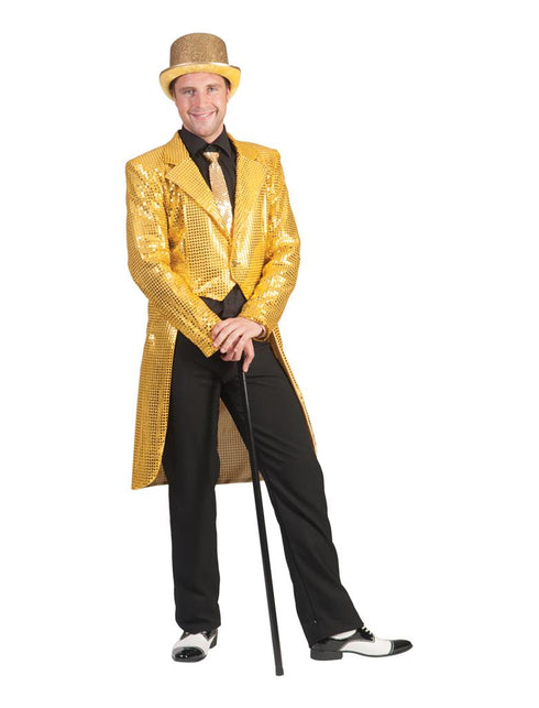 Gouden slipjas deluxe met pailletten en lange pandjes, gedragen door een heer met hoge hoed