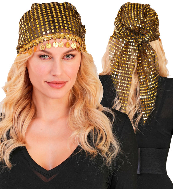 Goudkleurige pailletten hoofddoek met muntjesrand, voor- en achterkant met afhangende punt