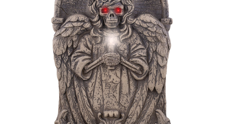 Grafsteen lachende engel met gevleugelde skeletengel, rode lichtogen en kaars, halloweendecoratie