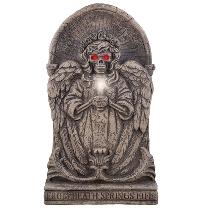 Grafsteen lachende engel met gevleugelde skeletengel, rode lichtogen en kaars, halloweendecoratie