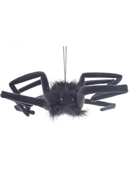 Griezel spin in zwart, behaarde nepspin van 50 cm met rode oogjes en ophangdraad voor Halloween
