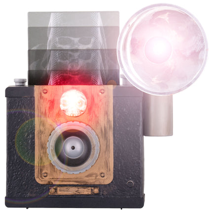 Griezelige camera animatronic met rood oplichtende doodskop en felle flits voor Halloween