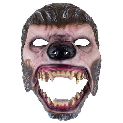 Griezelmasker met opengesperde muil en gele tanden, sfeerbeeld bij halloweendecoratie
