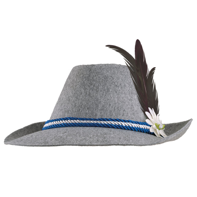 Grijs Beiers hoedje van zijkant met gedraaid blauw-wit koord, witte bloem en twee opstaande veren