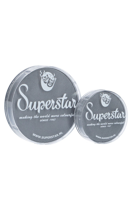 Grijze aquaschmink Superstar in twee potjesformaten met wit logo op de deksel