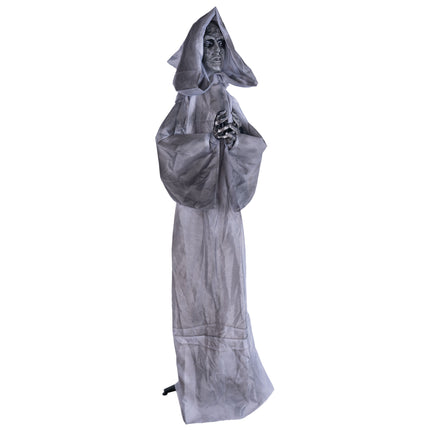 Grijze biddende halloweenfiguur van 180 cm van de zijkant, met wijde mouwen en lang gewaad