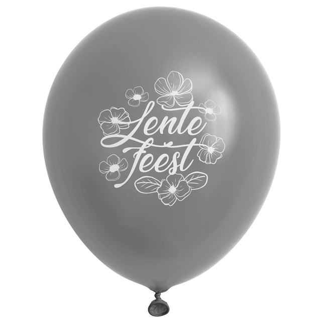 Grijze lentefeest ballon met witte bloementekening en tekst Lentefeest