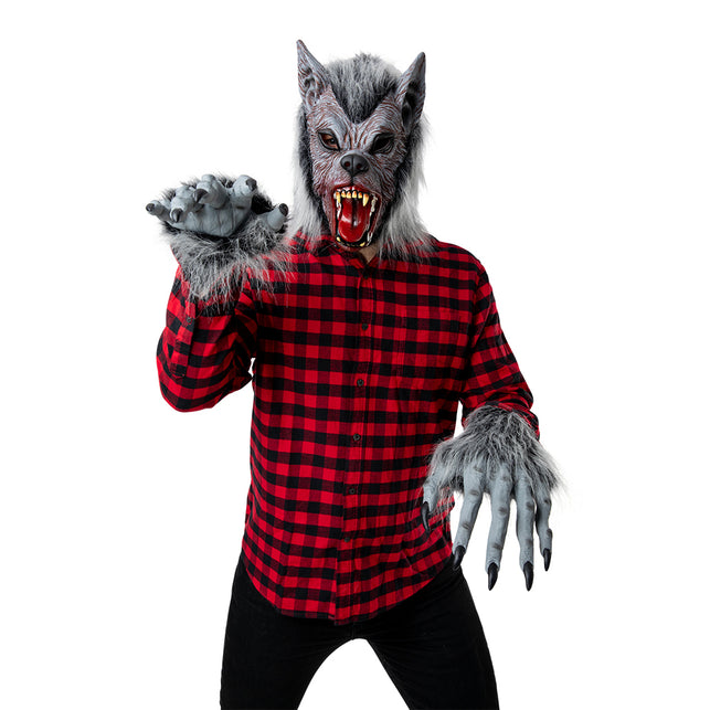 Grijze weerwolfhandschoenen met zwarte klauwen en pluizige manchet, gedragen bij het wolvenmasker van set Boris