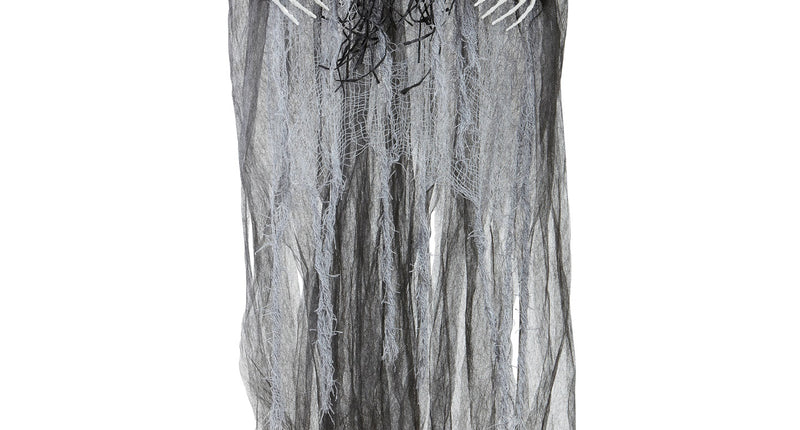 Grim reaper halloween decoratie in grijs gerafeld gaas met skeletgezicht en botten handen