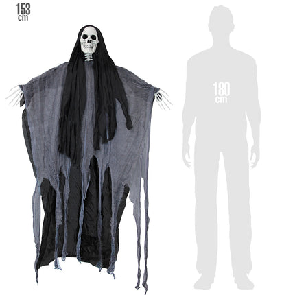Grim reaper hangdecoratie van 153 cm naast silhouet van 180 cm ter vergelijking