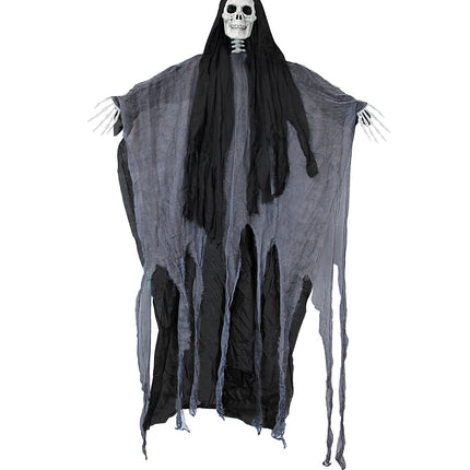 Grim reaper hangdecoratie met gerafelde grijze gaasslierten over zwart gewaad