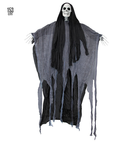 Grim reaper hangdecoratie grijs en zwart met witte schedel en bothanden voor Halloween