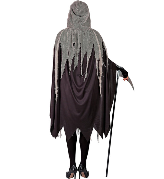 Grimreaper cape met kap van grijs gaas, achterkant op damesmodel met zwarte panty