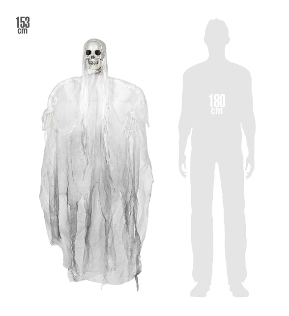 Grimreaper decoratie 153cm naast silhouet van 180 cm, zo groot hangt de halloweenfiguur