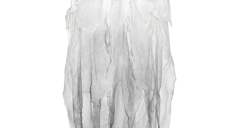 Grimreaper decoratie 153cm in wit gaas met skeletschedel en botten handen voor Halloween