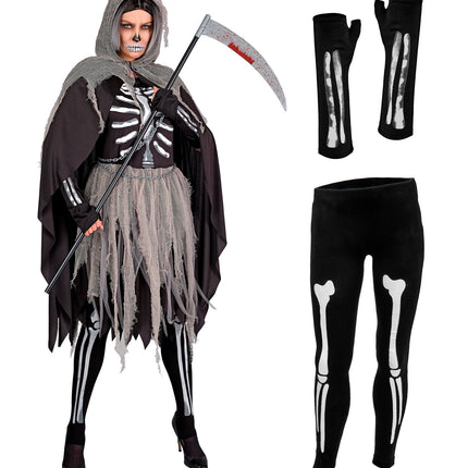 Grimreaper kostuum dames: skeletjurk met cape, plus panty met botten en vingerloze handschoenen