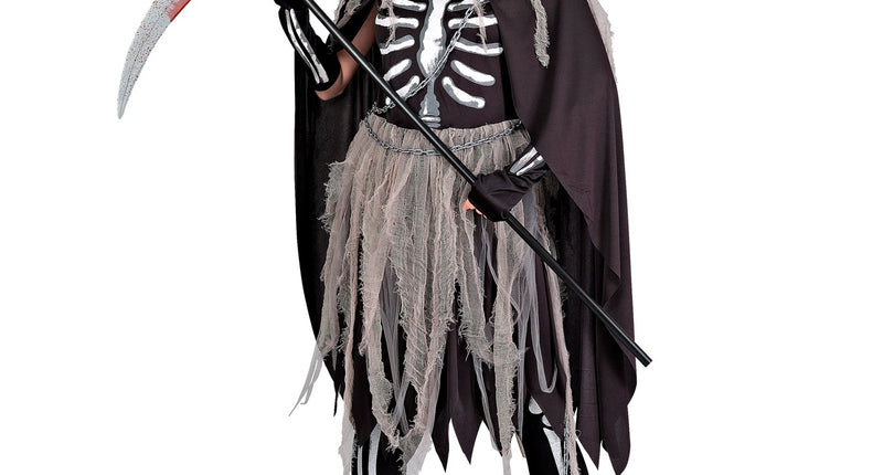 Grimreaper kostuum dames Skelety met zwarte skeletjurk, grijze gaasrok en cape met kap voor Halloween