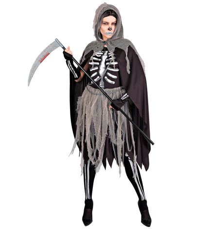 Grimreaper kostuum dames Skelety met zwarte skeletjurk, grijze gaasrok en cape met kap voor Halloween