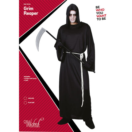 Grimreaper kostuum heren op de verpakking, zwart enkellang gewaad met diepe capuchon