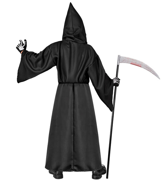 Grimreaper kostuum kinderen achterkant, lang zwart gewaad met puntige capuchon