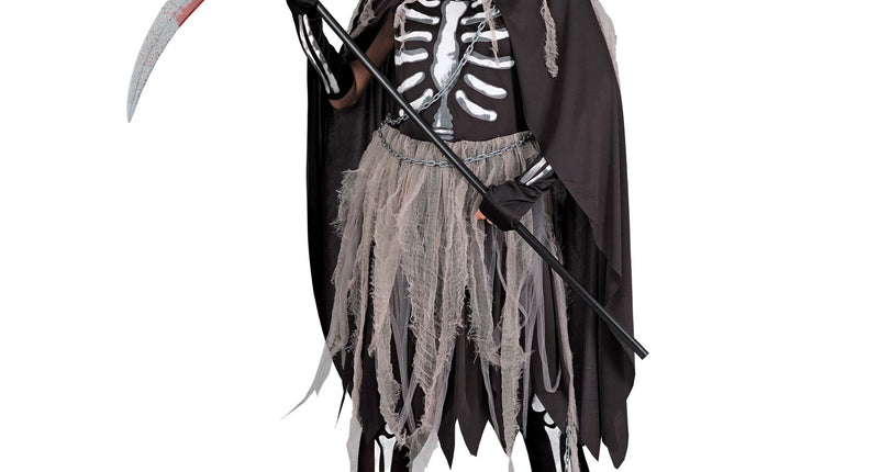 Grimreaper kostuum kinderen Skelety met zwarte skeletjurk, grijze rafelrok en cape met kap voor Halloween