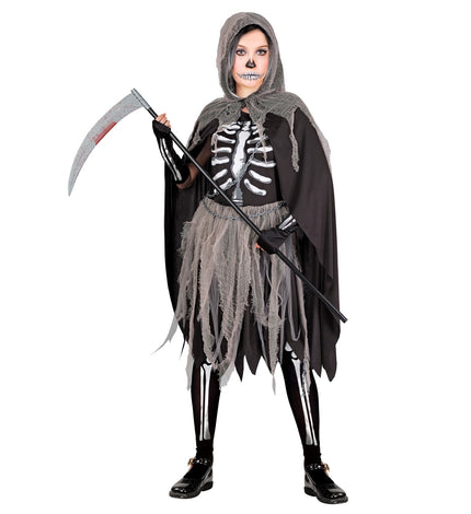 Grimreaper kostuum kinderen Skelety met zwarte skeletjurk, grijze rafelrok en cape met kap voor Halloween