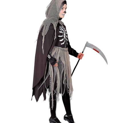 Grimreaper kostuum kinderen van de zijkant, cape met grijze gaaslaag en gerafelde zoom